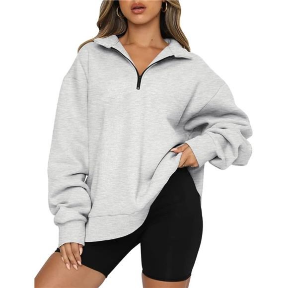 Womens Oversized Half Zip Pullover Long Sleeve Sweatshirt Quarter Zip Hoodie - Picture 1 of 4